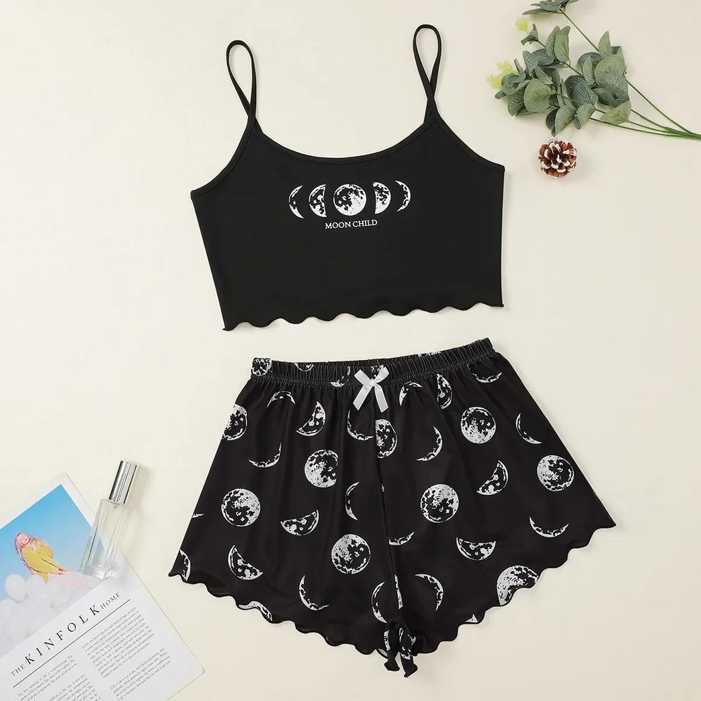 Pyjama d'été à bretelles spaghetti imprimé lune pour femmes