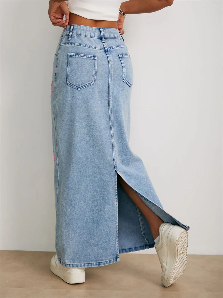 Jupe en jean brodée avec nœud style années 2020 pour femmes