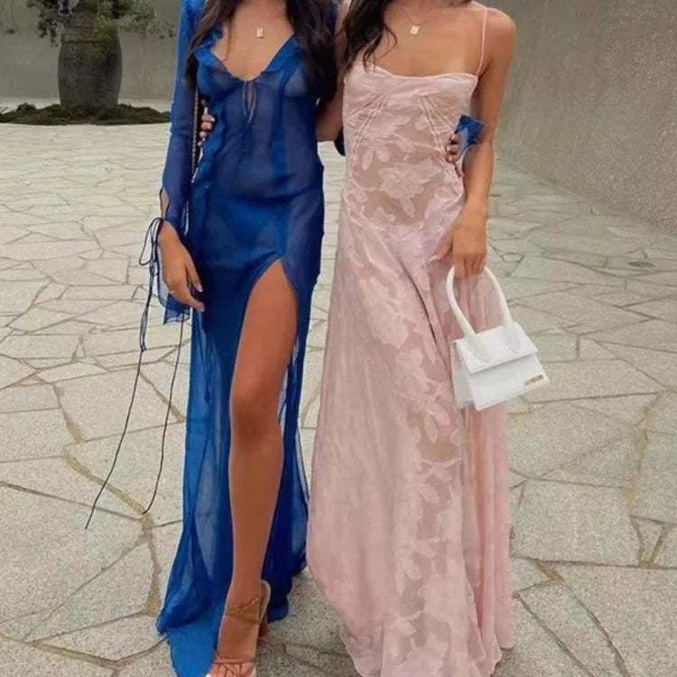 Robe longue en dentelle à bretelles spaghetti pour femmes