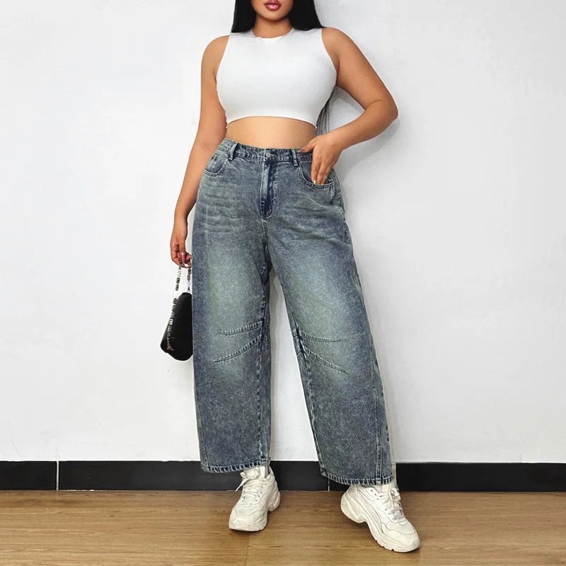 Jean ample et droit à taille élastique pour femmes