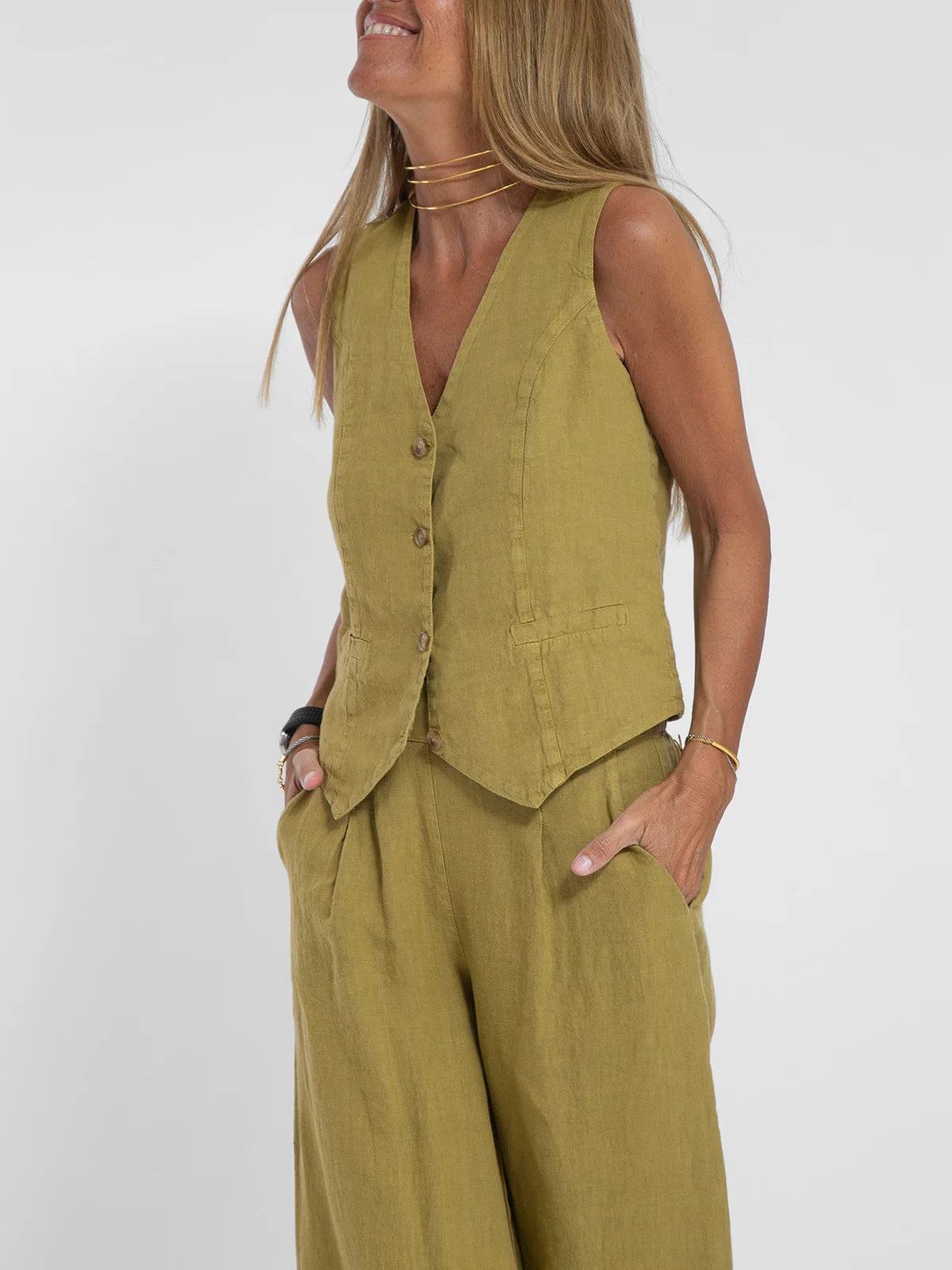 Ensemble deux pièces débardeur et pantalon en coton et lin pour femmes