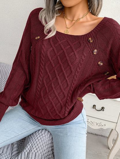 Pull Torsadé Femme – Col Carré Boutonné
