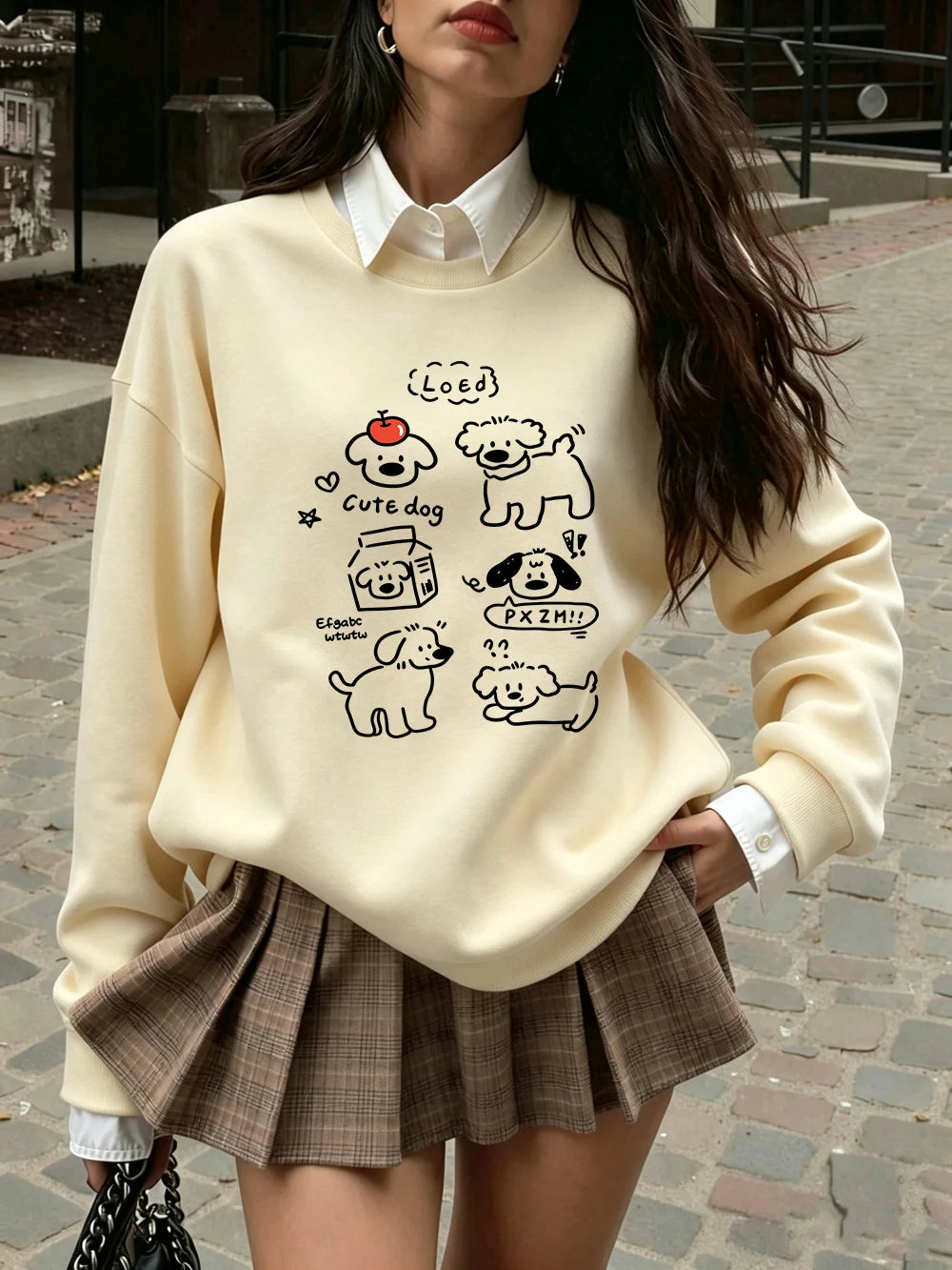 Sweat-shirts à imprimés de chiens mignons de dessins animés coréens pour femmes