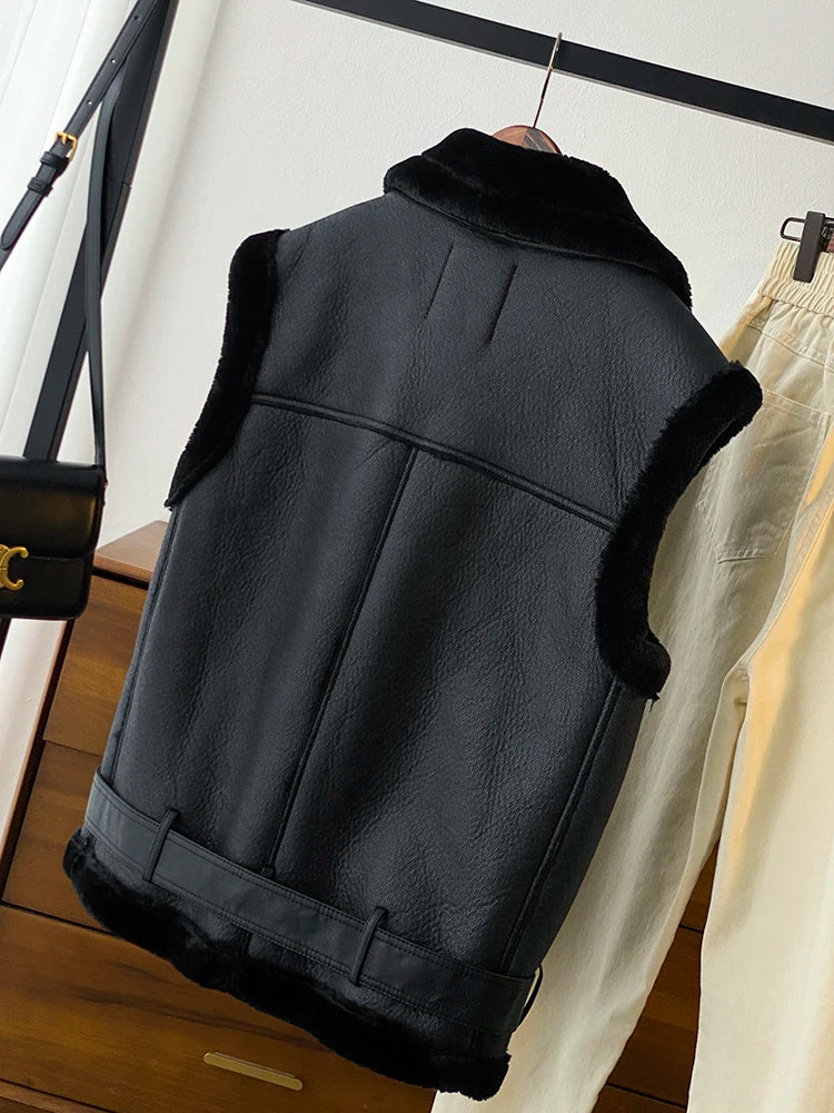 Veste en faux cuir avec ceinture pour femmes