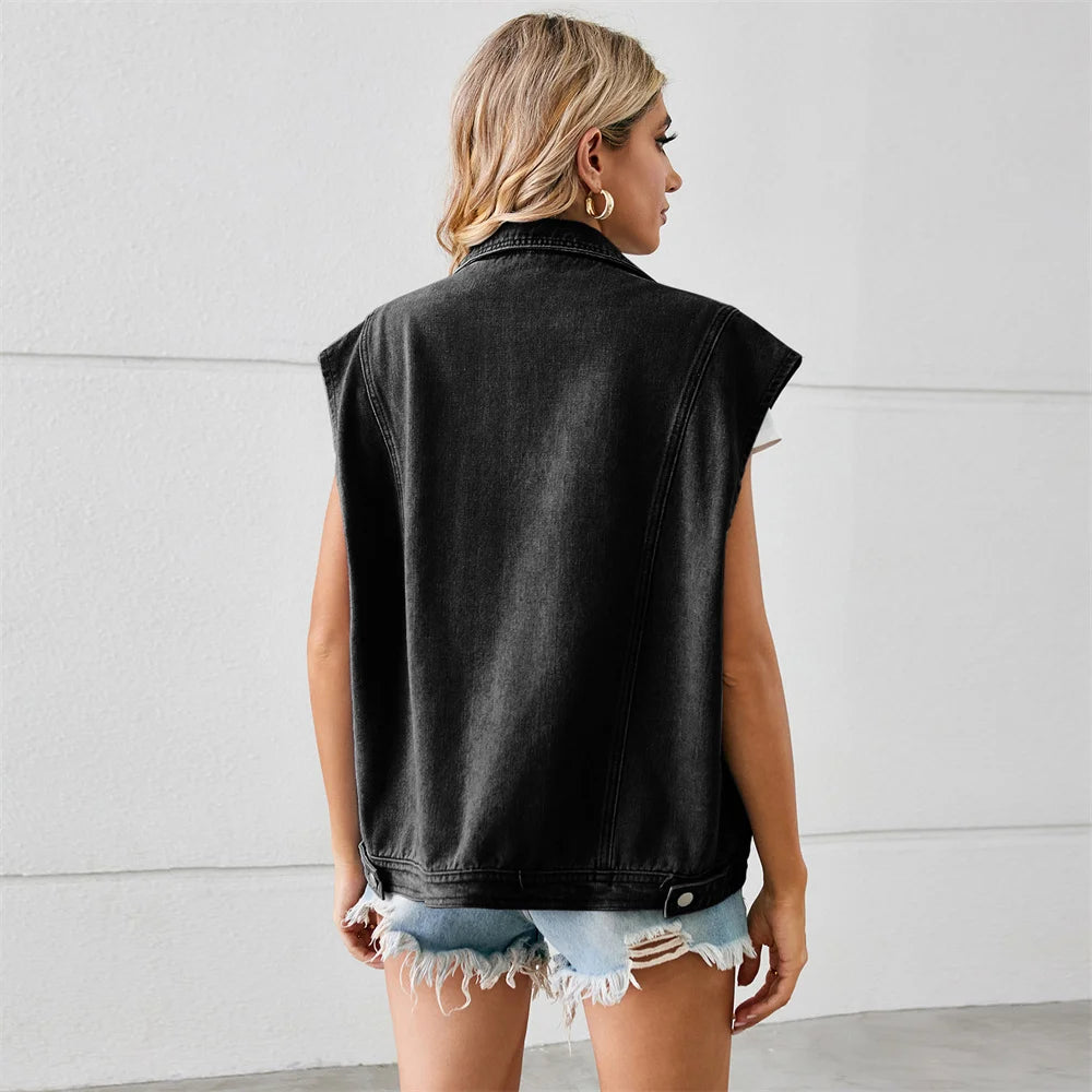Gilet en jean délavé à col cranté pour femmes