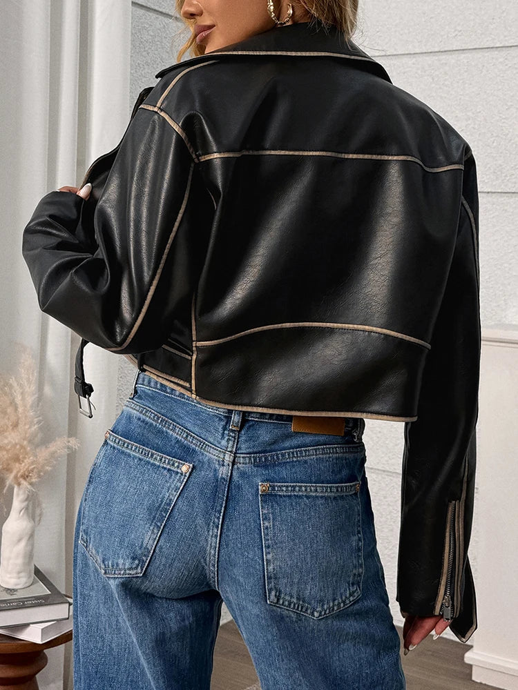 Veste ample rétro en similicuir à fermeture éclair et ceinture extérieure pour femmes