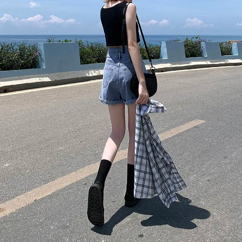 Short en jean denim taille haute pour femmes