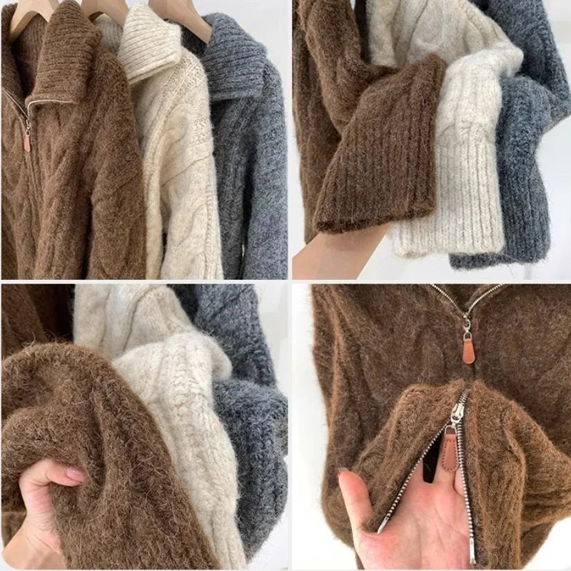 Pull à fermeture éclair et col rabattu pour femmes