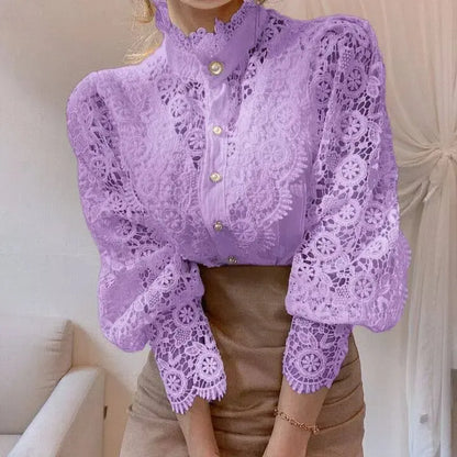 Chemise Rétro Femme – Dentelle Ajourée et Coupe Décontractée