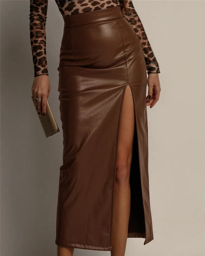 Jupe Midi Femme en Similicuir à Fente Haute