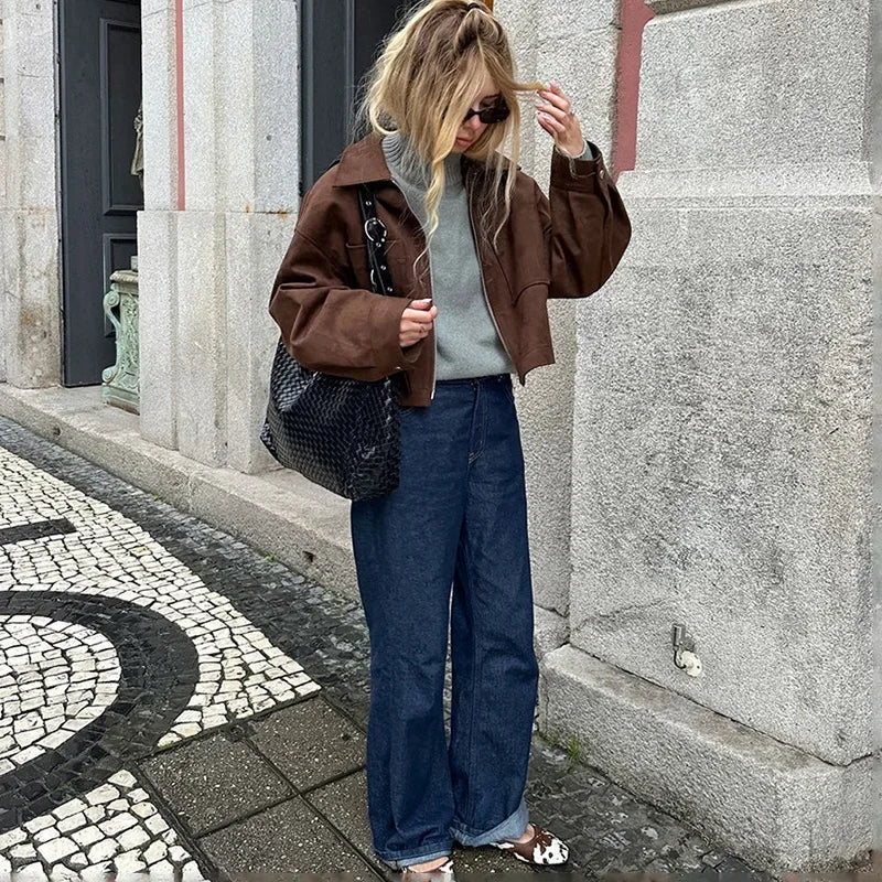 Veste courte en daim et fermeture éclair pour femmes