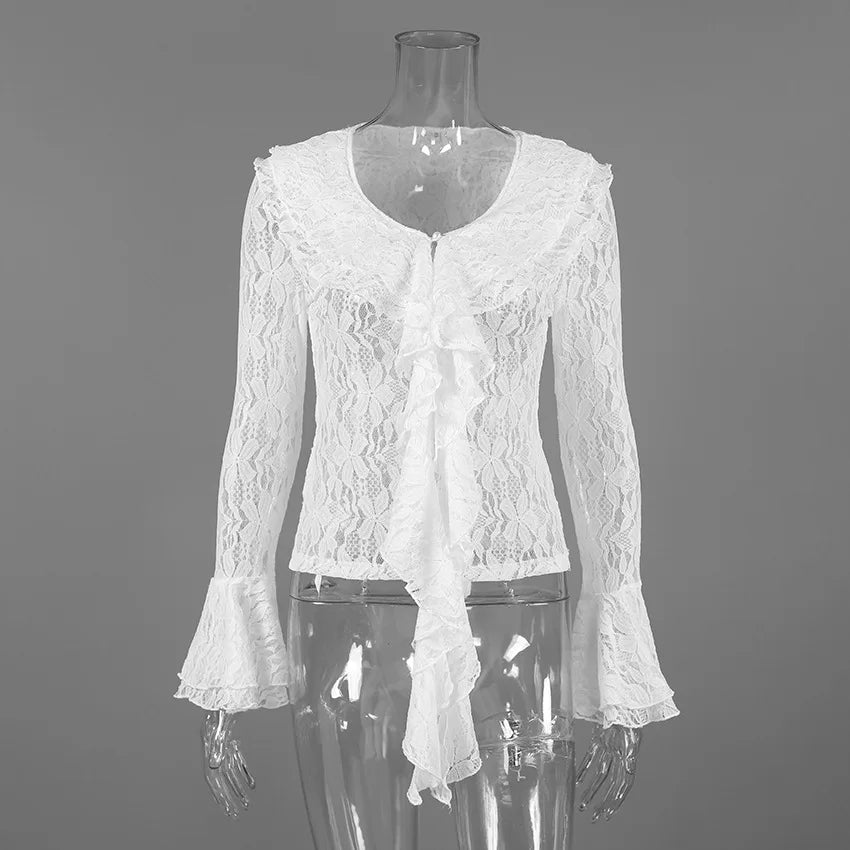 T-shirt à manches longues en dentelle à volants pour femmes