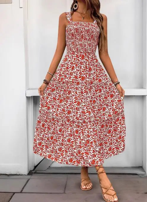 Robe d'été à imprimé Floral, avec col carré et cintré à la taille pour femmes