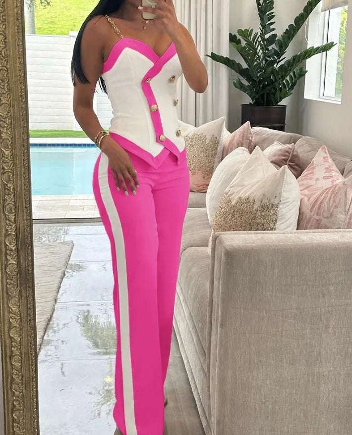 Ensemble 2 pièces haut asymétrique sexy à fronces et pantalon droit décontracté pour femmes