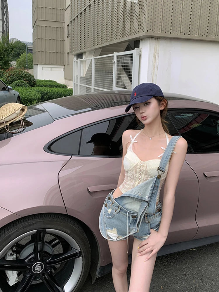Ensemble deux pièces camisole + shorts en jean pour femmes