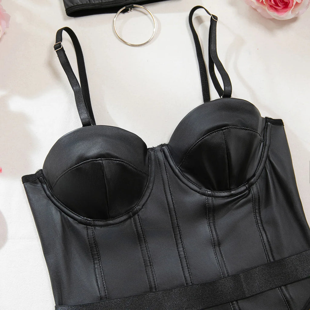 Body moulante en maille en cuir PU pour femmes