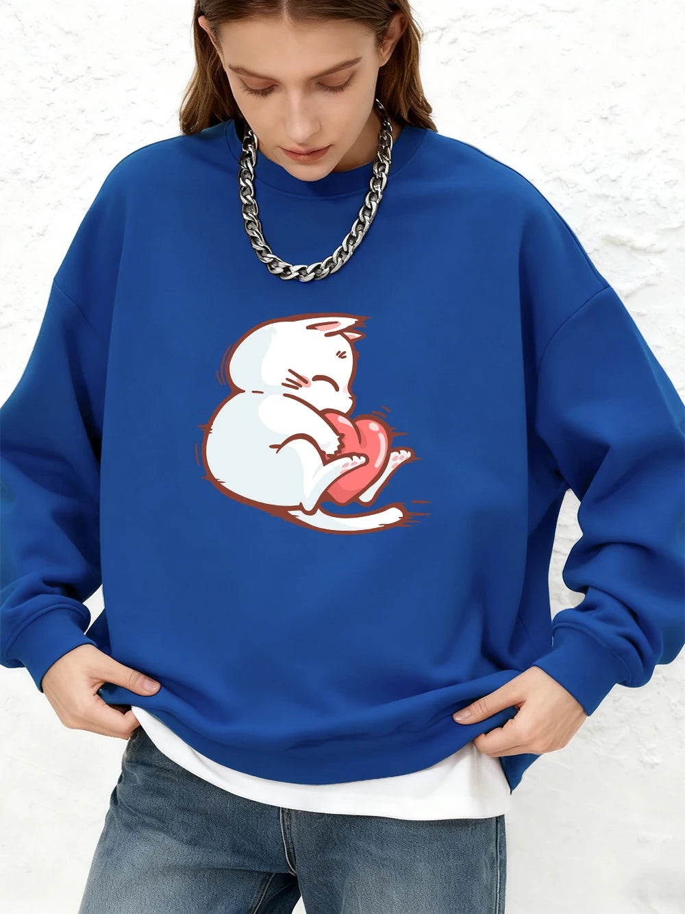Sweat-shirt à imprimé chat et cœur rouge pour femmes