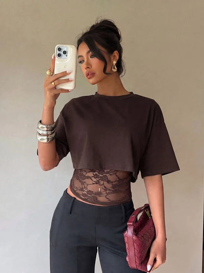 T-shirt Ajusté Femme – Manches Longues et Dentelle