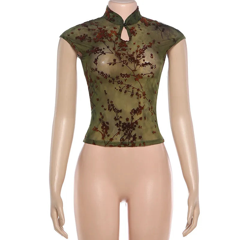 Crop top femme vert en maille à broderie florale