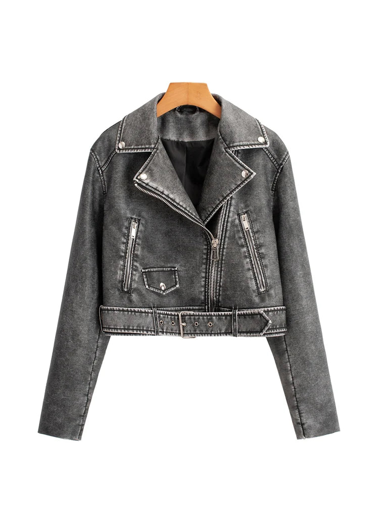 Veste courte en similicuir PU vintage pour femmes
