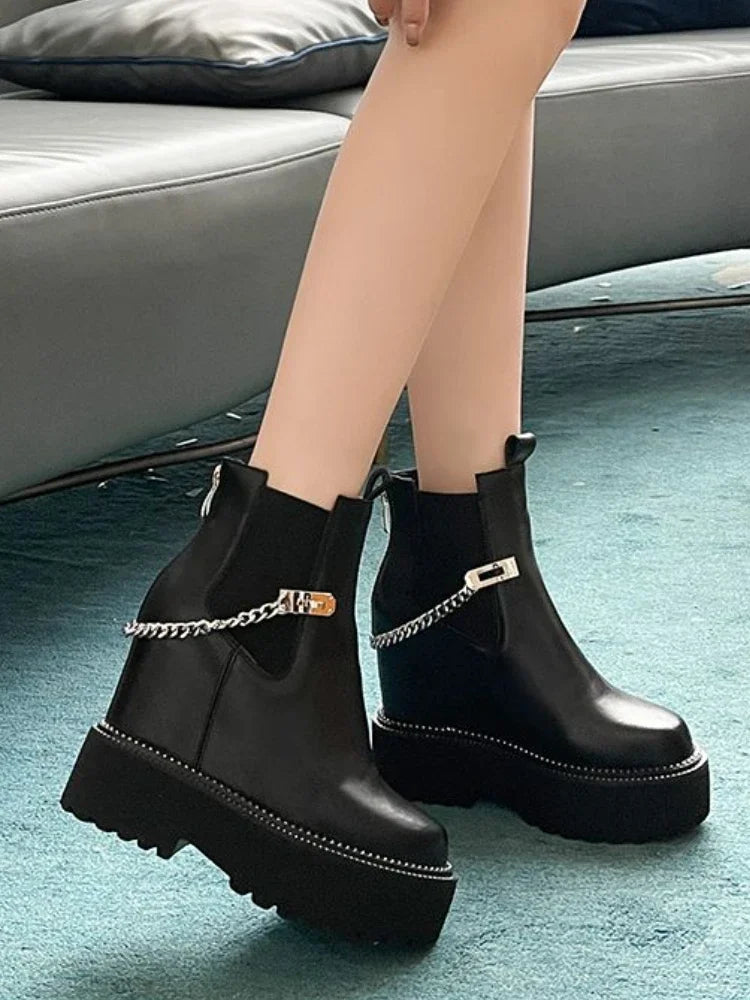 Bottine compensées en cuir véritable pour femmes