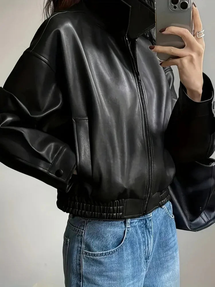 Veste Similicuir Femme – Revers et Manches Longues