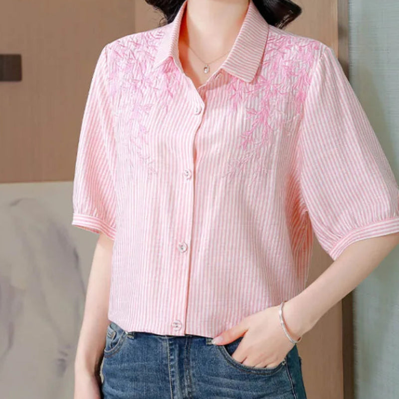 Chemise brodée en coton et lin à col polo pour femmes