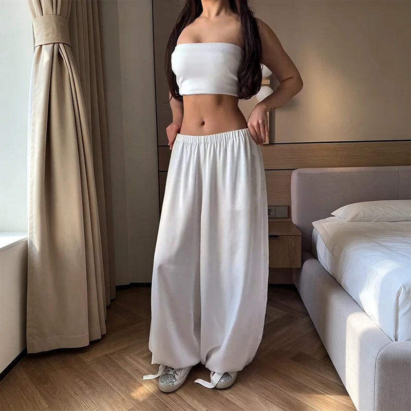 Pantalon large femme taille haute à nouer