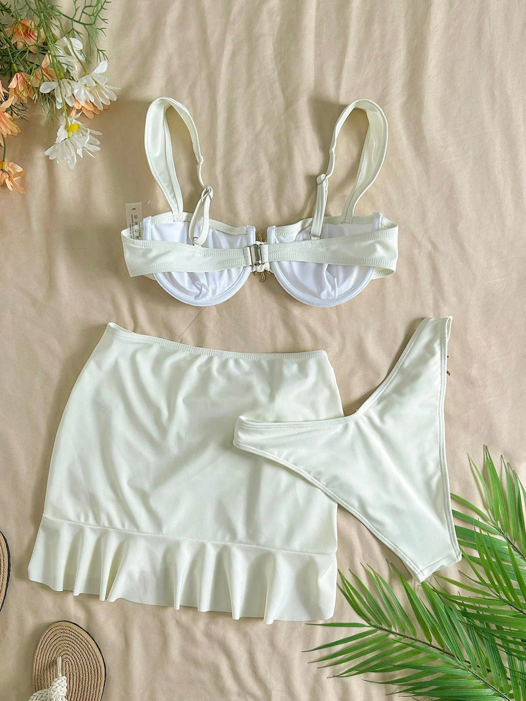 Ensemble de maillot de bain 3 pièces bikini rembourré à bretelles + jupe à volants pour femmes