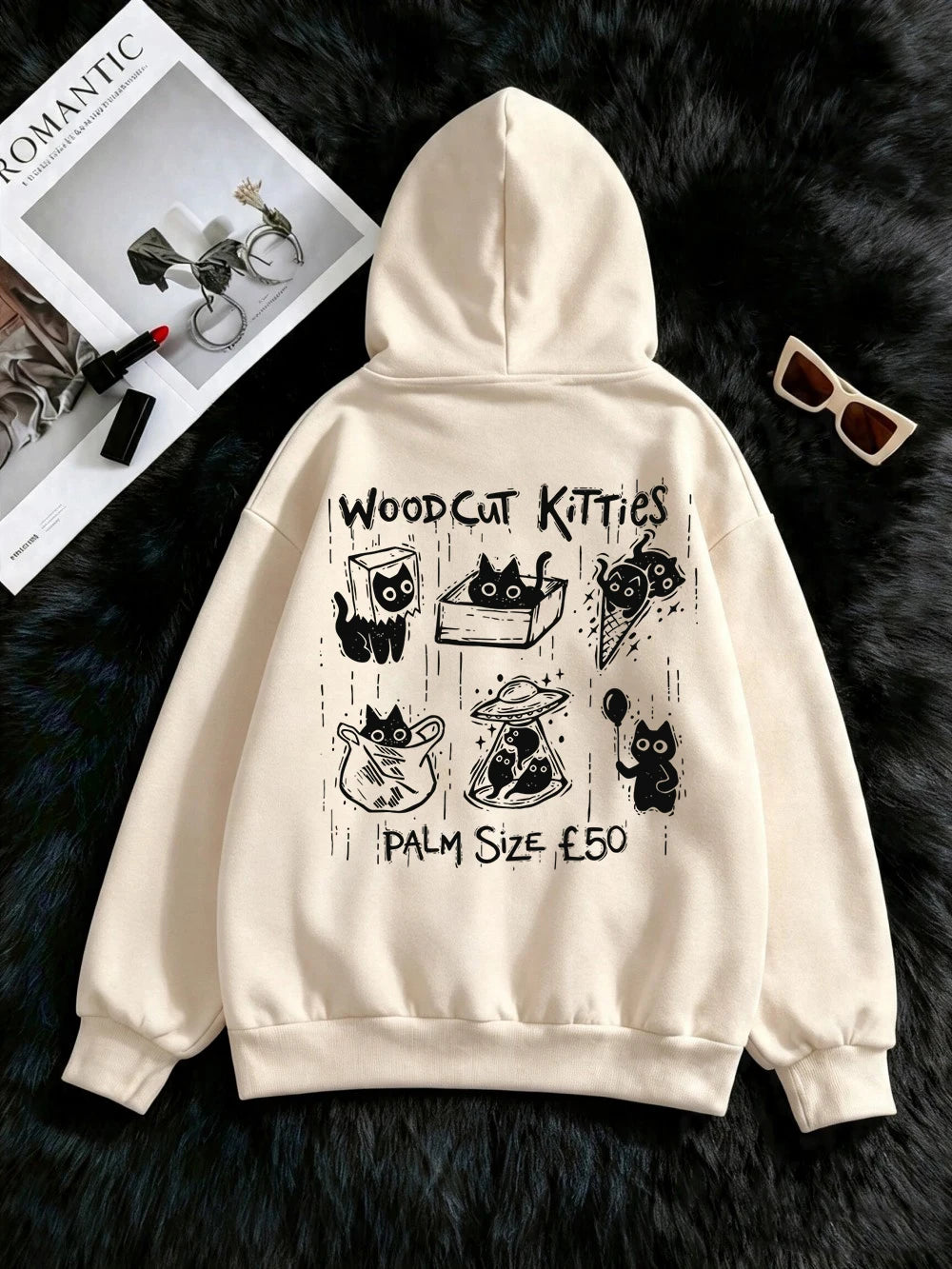 Sweat-shirts à capuche imprimés Woodcut Boxes Pocket Kitties pour femmes