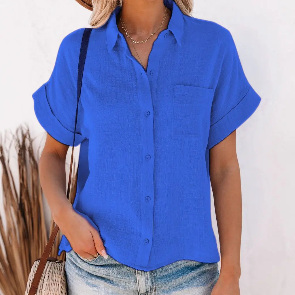 Chemise en coton et lin et manches courtes pour femmes