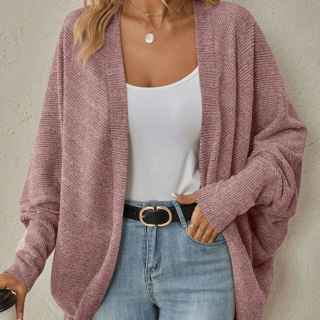 Cardigan décontracté mi-long en maille douce unie pour femmes