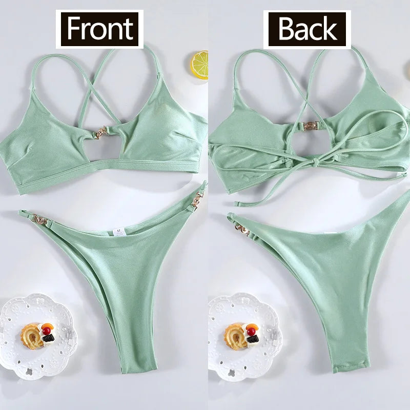 Maillot de bain deux pièces bikini uni Push-up pour femmes