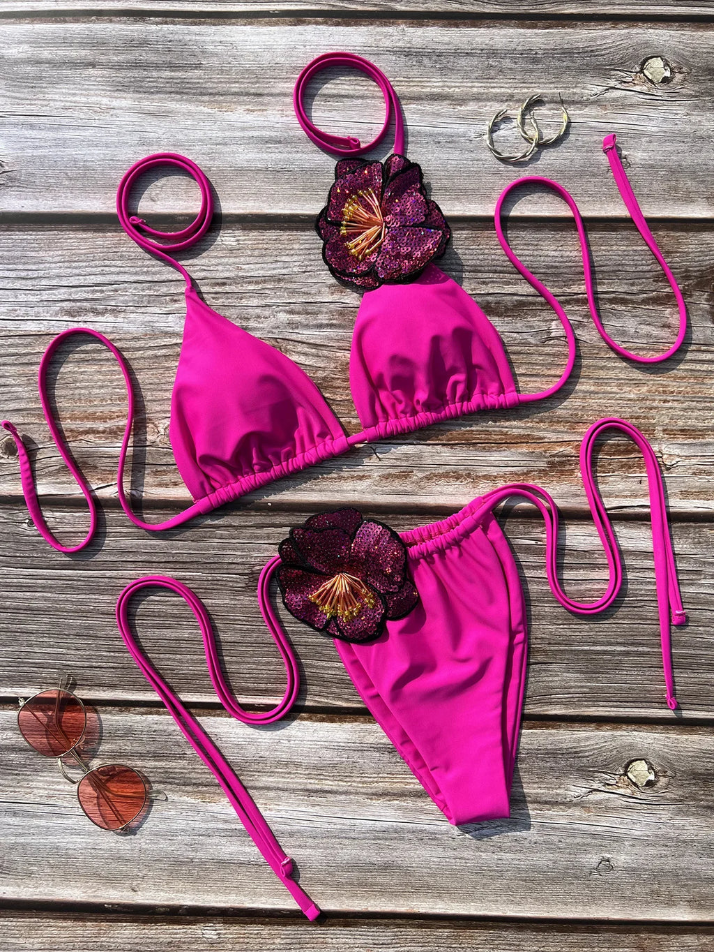 Ensemble maillots de bain deux pièces  3D fleurs licou à bretelles pour femmes