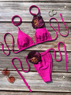 Ensemble maillots de bain deux pièces  3D fleurs licou à bretelles pour femmes
