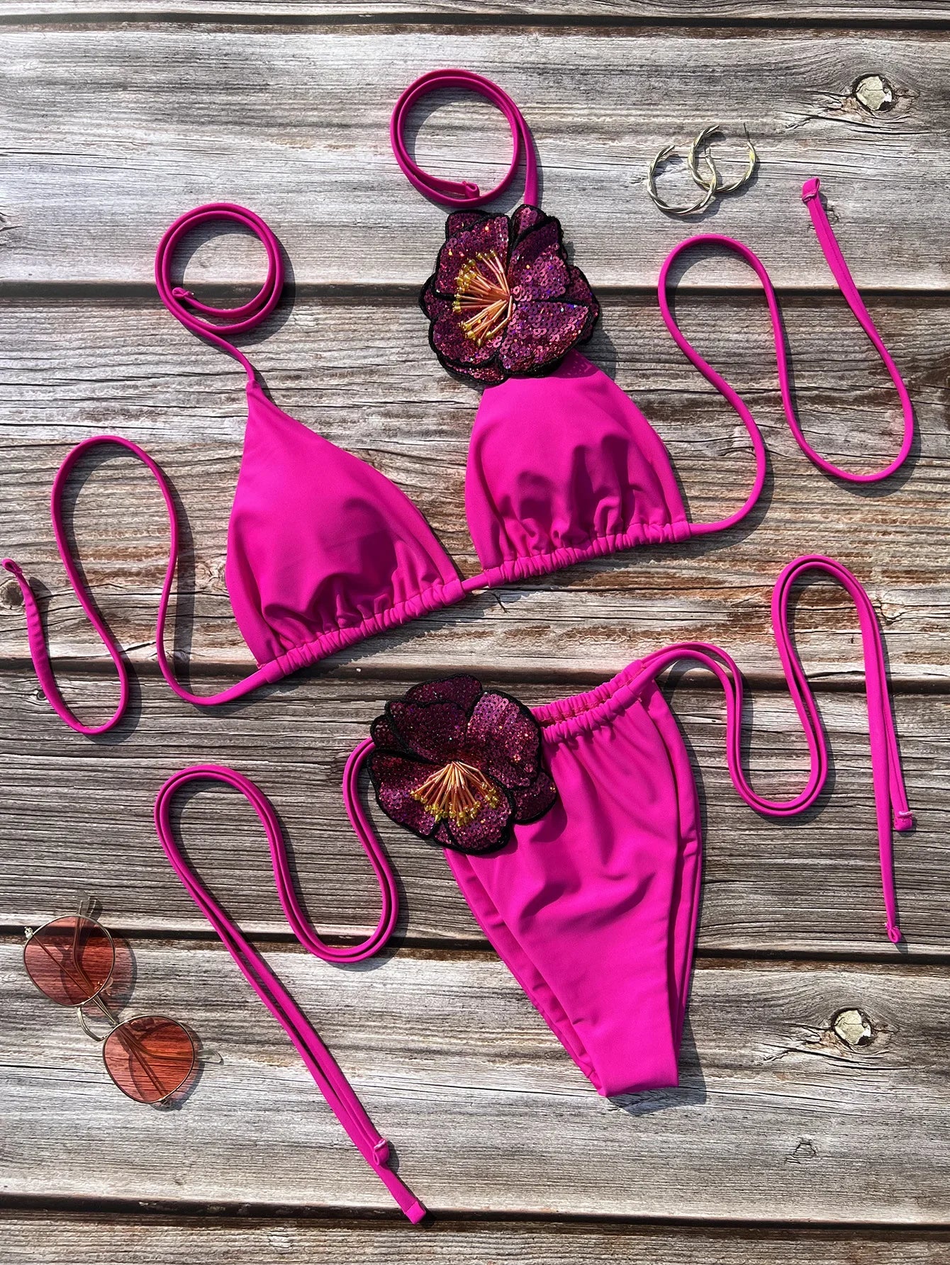 Ensemble maillots de bain deux pièces  3D fleurs licou à bretelles pour femmes