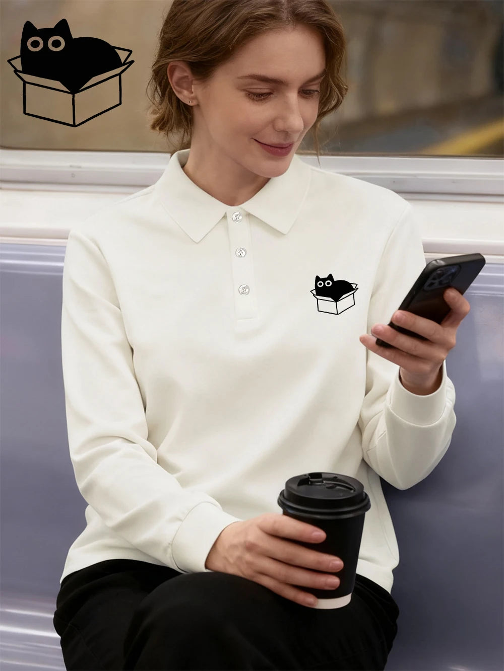 Chemise-Polo Femme – Imprimé Chat Noir