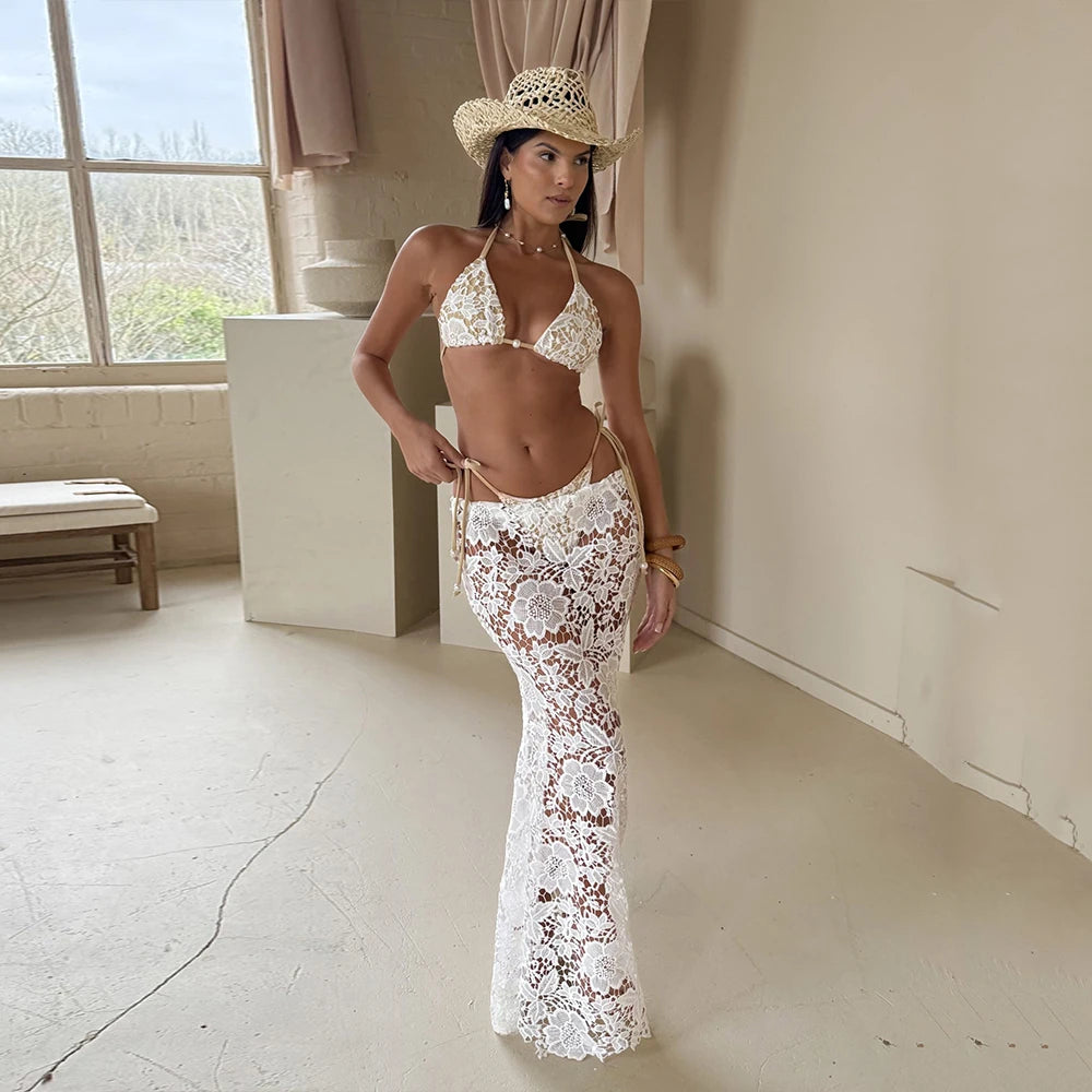Maillot de bain 3 pièces en dentelle blanche pour femmes