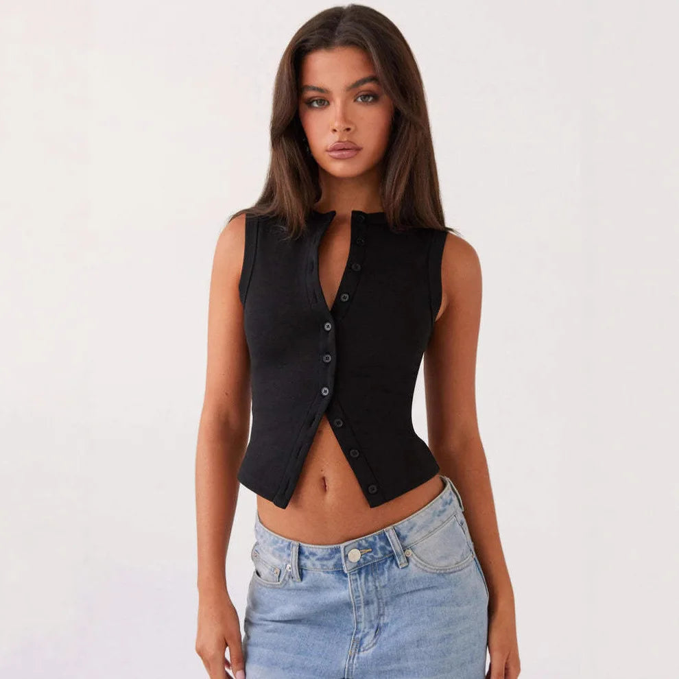 Haut Sans Manches Femme – Maille Unie Boutonnée