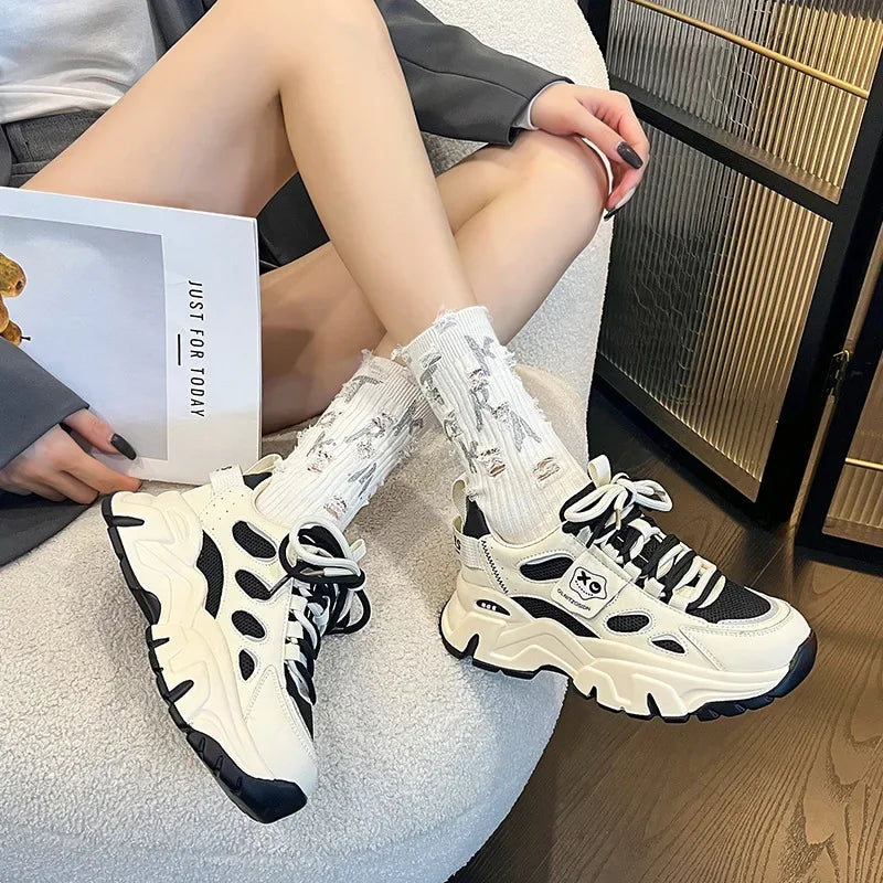 Baskets compensées en cuir véritable pour femmes