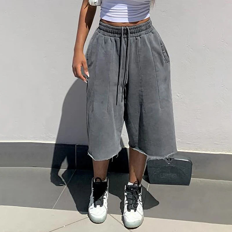 Pantalon large femme taille haute à ourlet effiloché