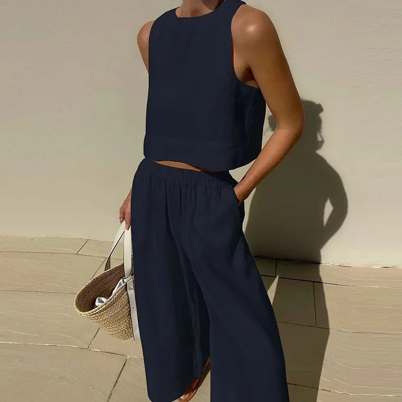 Ensemble deux pièces haut ample à col rond et pantalon à jambes larges pour femmes