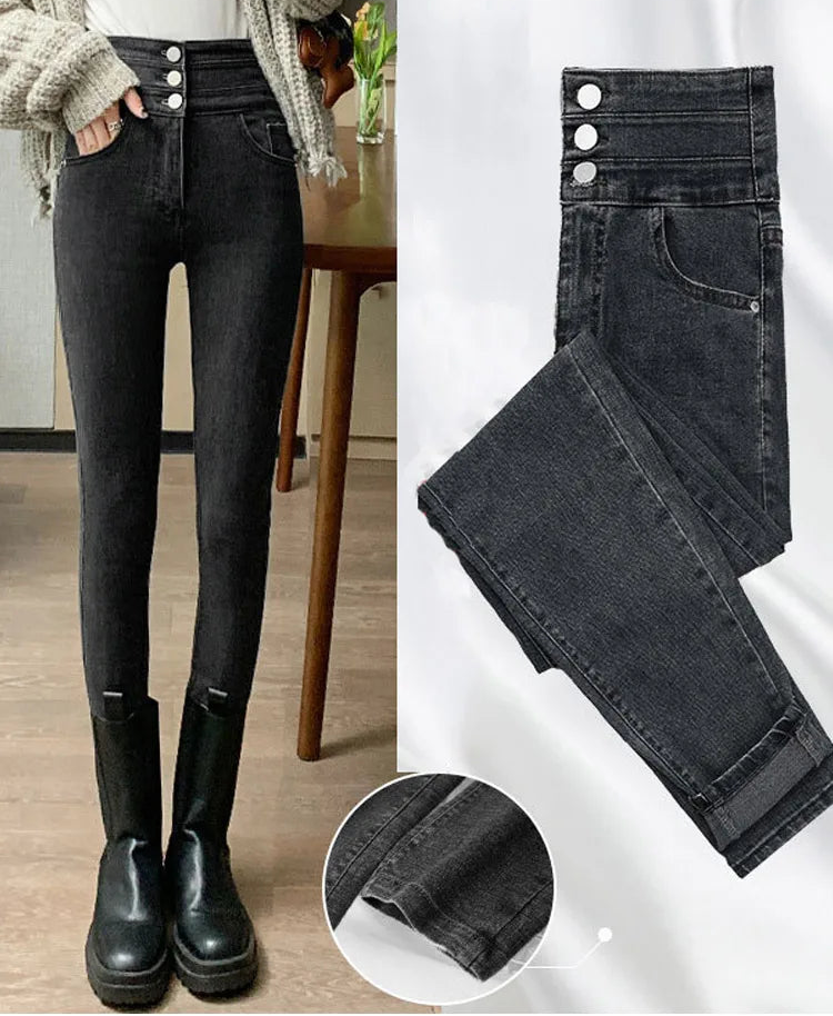 Jean slim taille haute à trois lèvent pour femmes