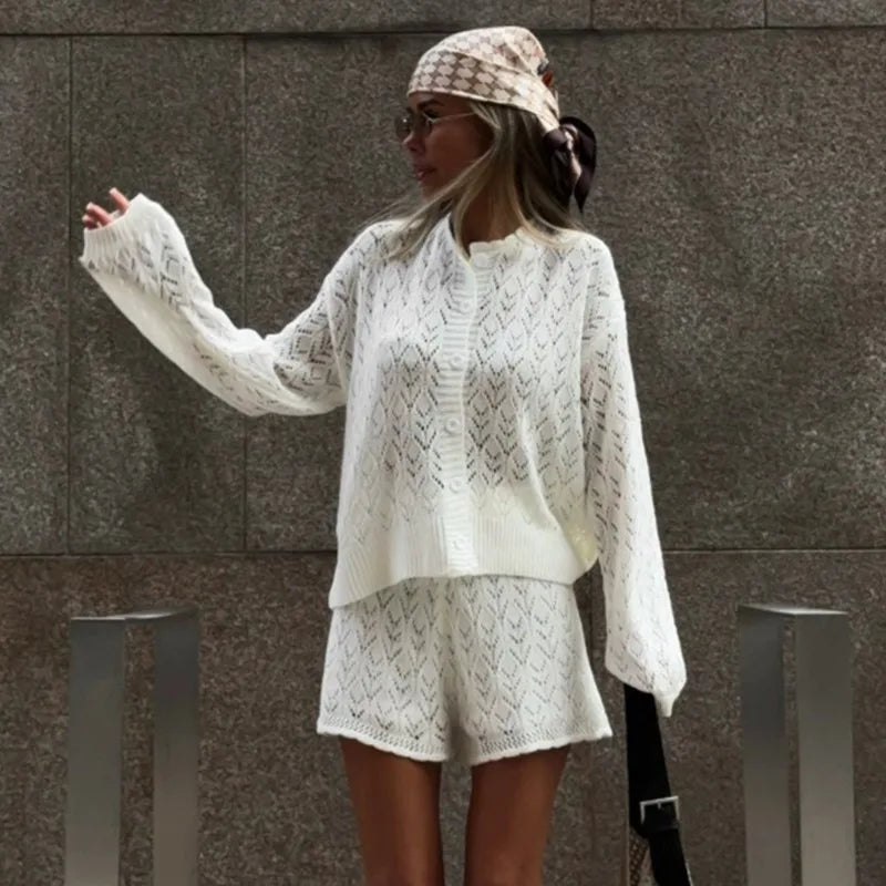 Ensemble short et jupe en maille ajourée pour femmes
