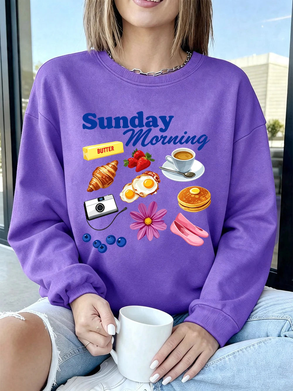 Sweat-shirts imprimés pour le dimanche matin, pulls à capuche sportifs à col rond pour femmes