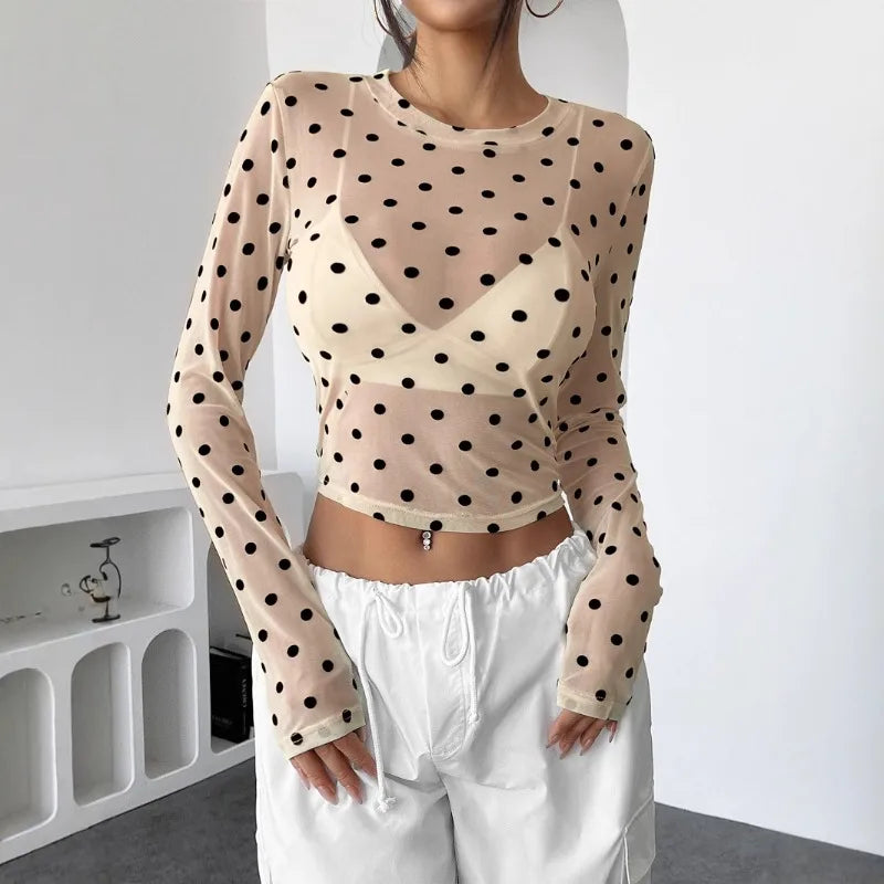 Crop Top à Pois Femme – Maille et Manches Longues