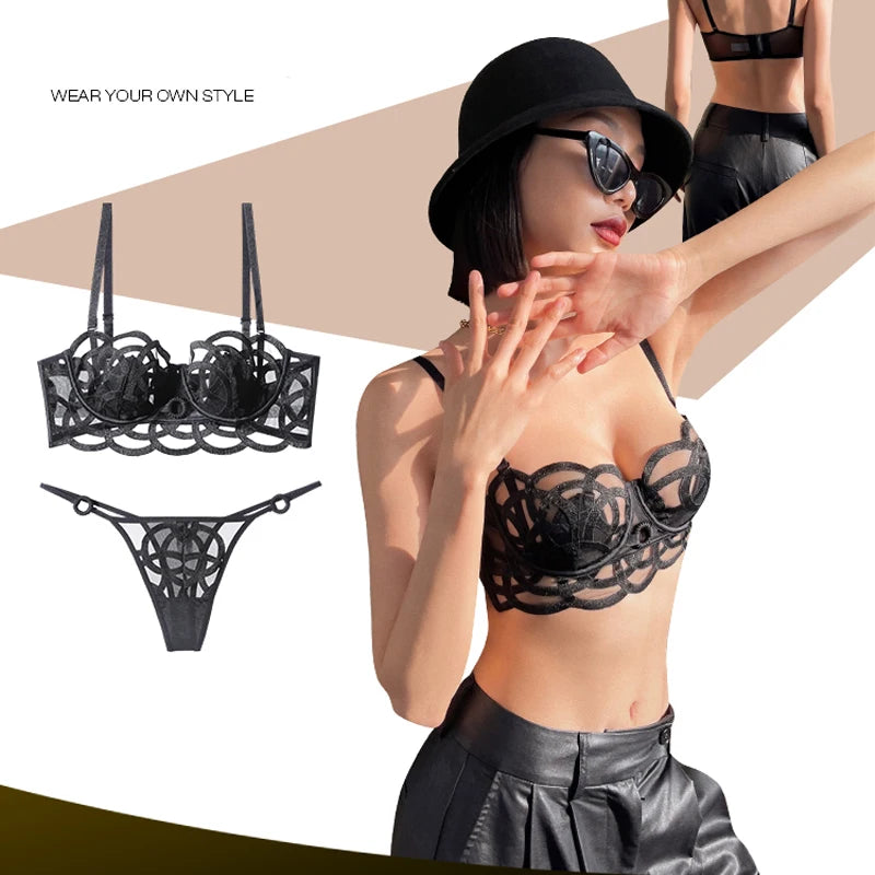 Ensemble soutien-gorge en dentelle ultra fine et respirante, string et culotte pour femmes