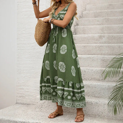 Robe Longue Femme – Imprimé Floral Vert