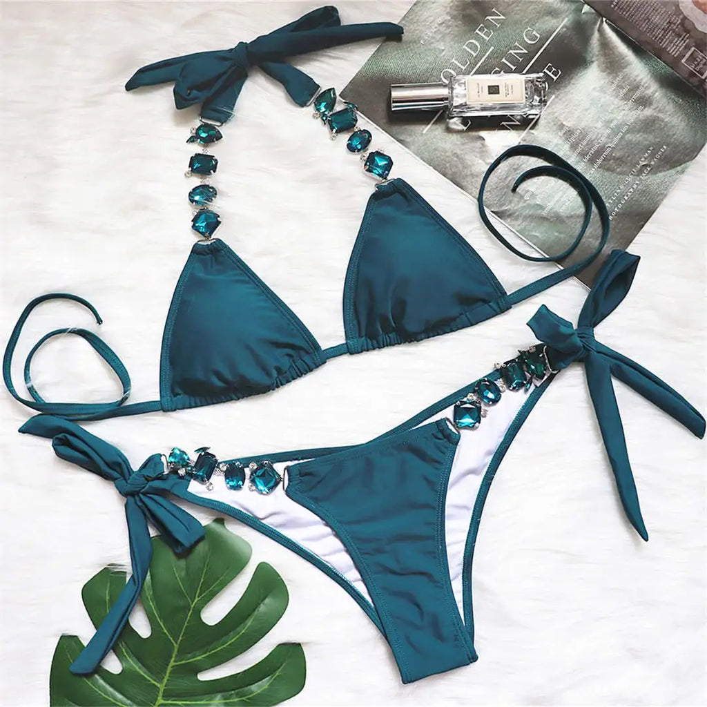 Maillot de bain brésilien deux pièces avec strass et diamants pour femmes