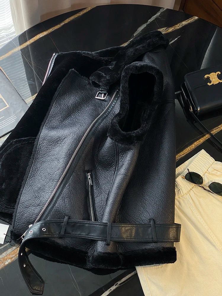 Veste en faux cuir avec ceinture pour femmes
